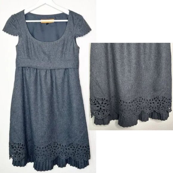 Cynthia Steffe Laser Cut Layered Ruffle Pleated Hem Pocketed Gray Wool Dress 2 - Picture 1 of 14